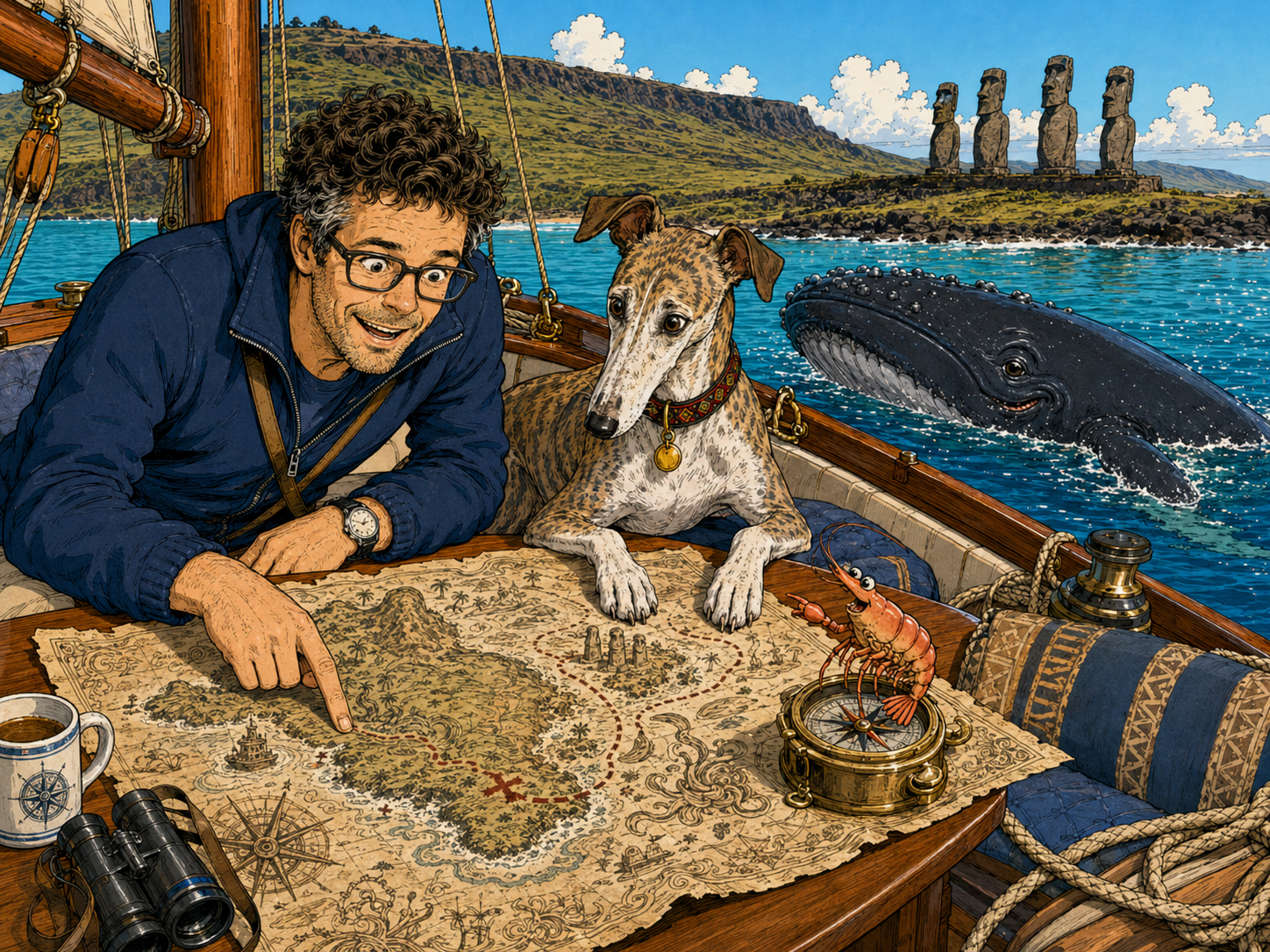 Die Crew studiert eine Schatzkarte auf dem Boot