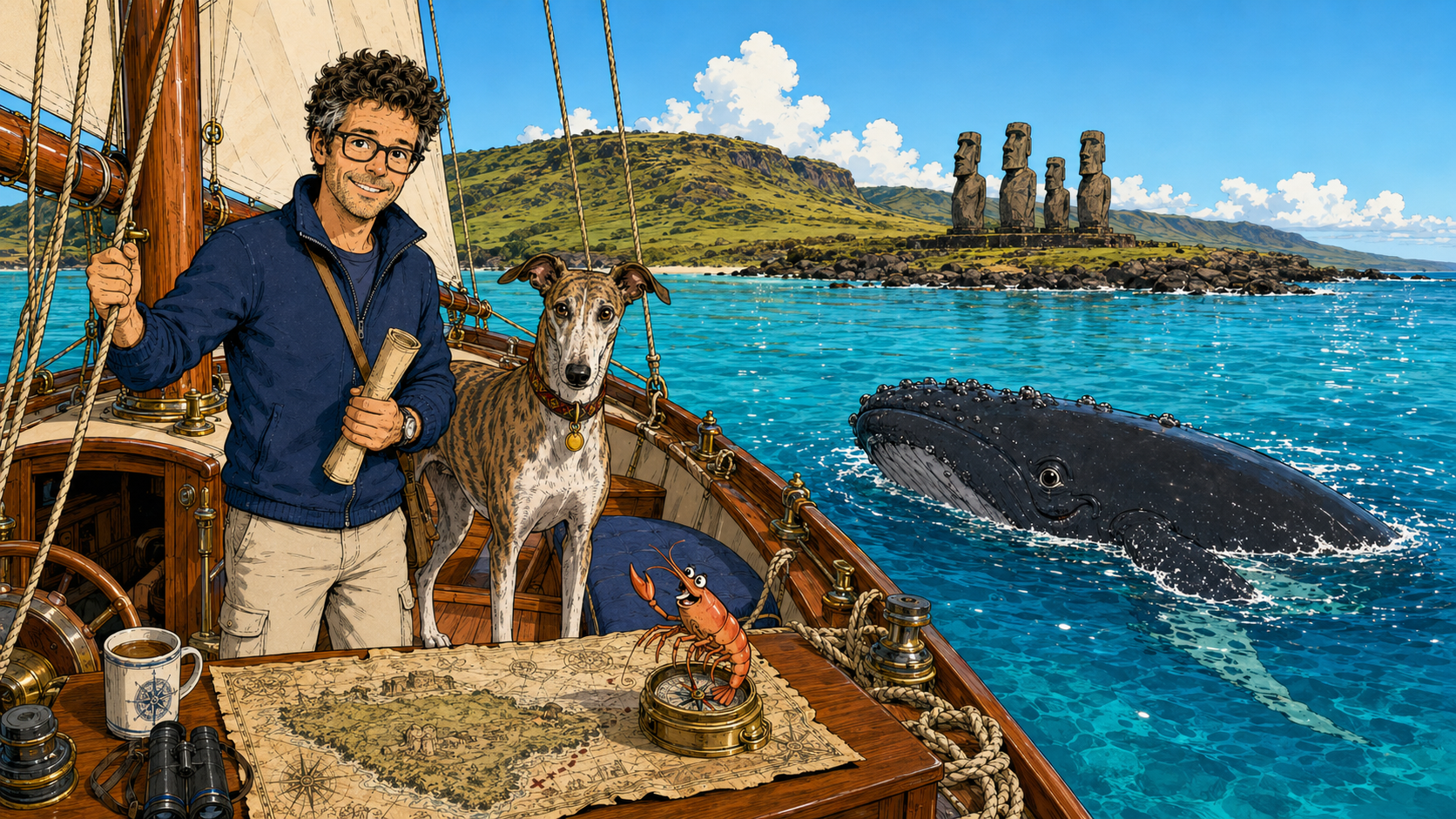 Segelboot, Moai und Bruno in einer sonnigen Bucht