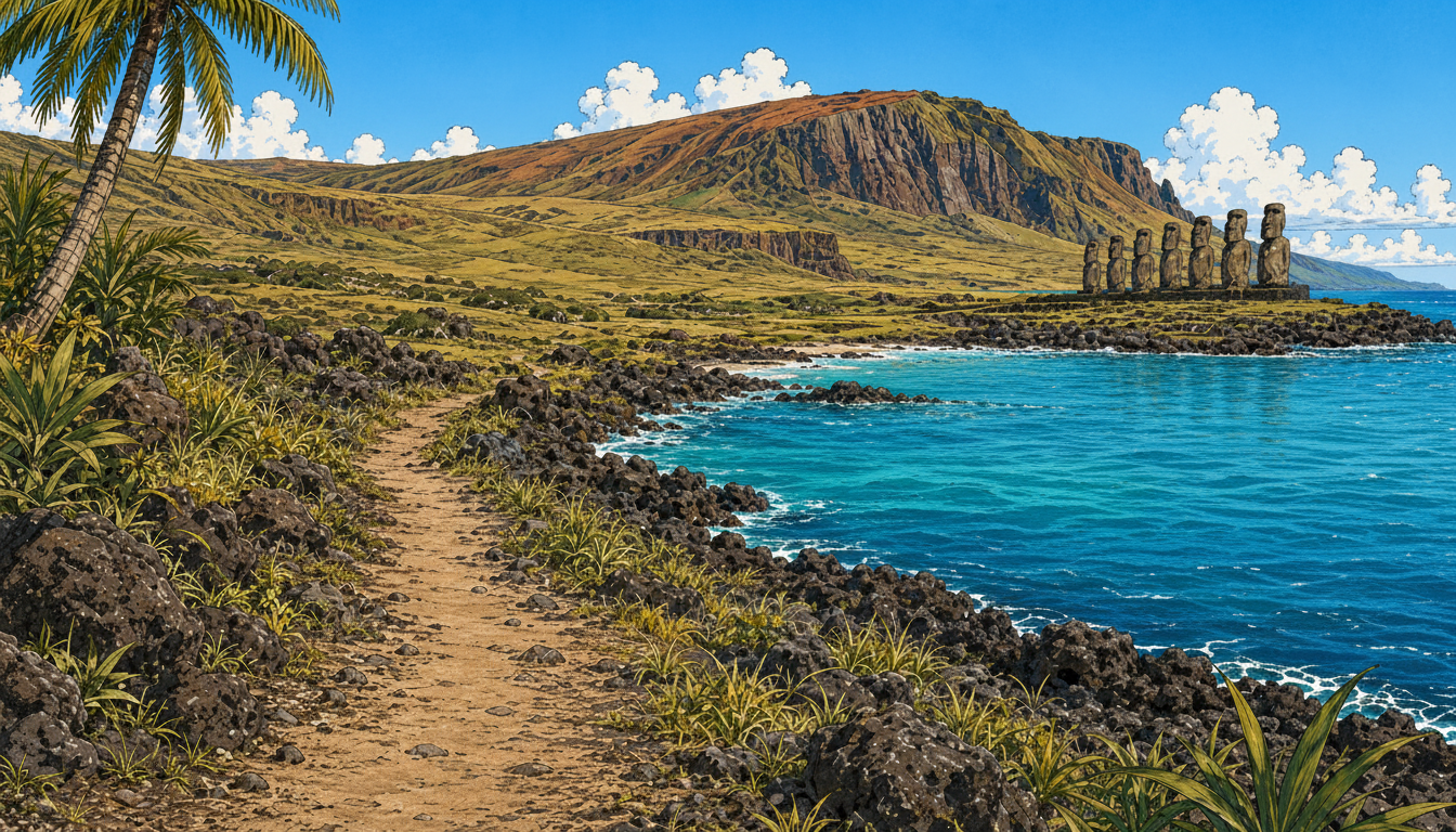 Küstenpfad mit Moai und Meer