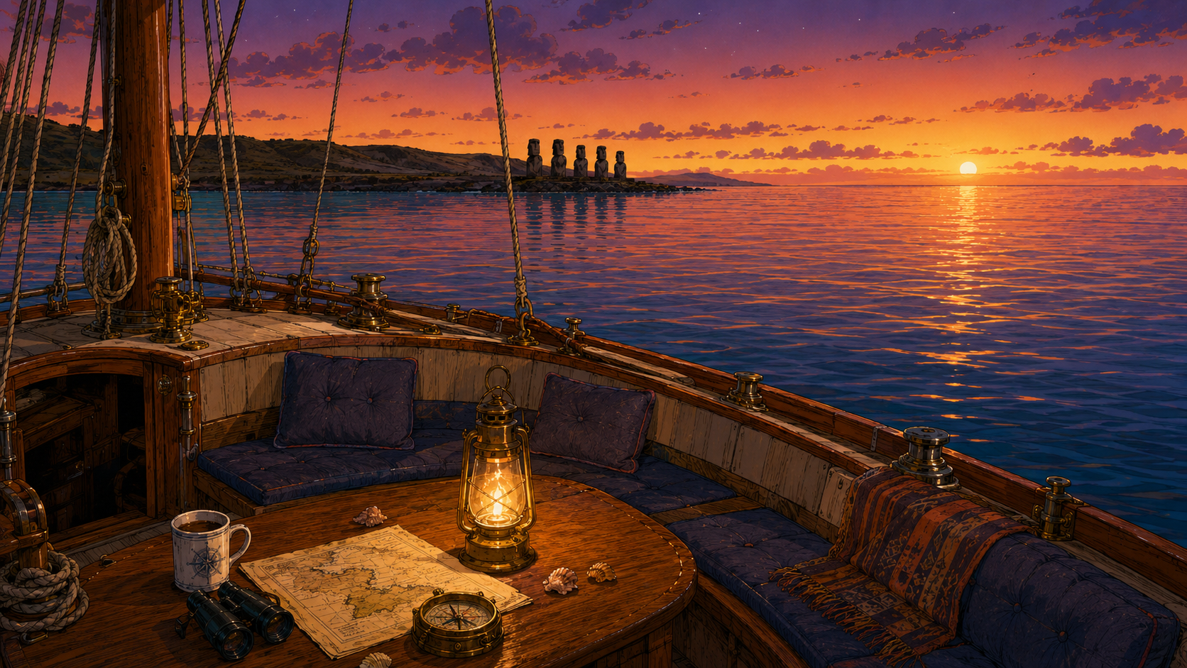 Tropische Bucht mit Moai und Segelboot